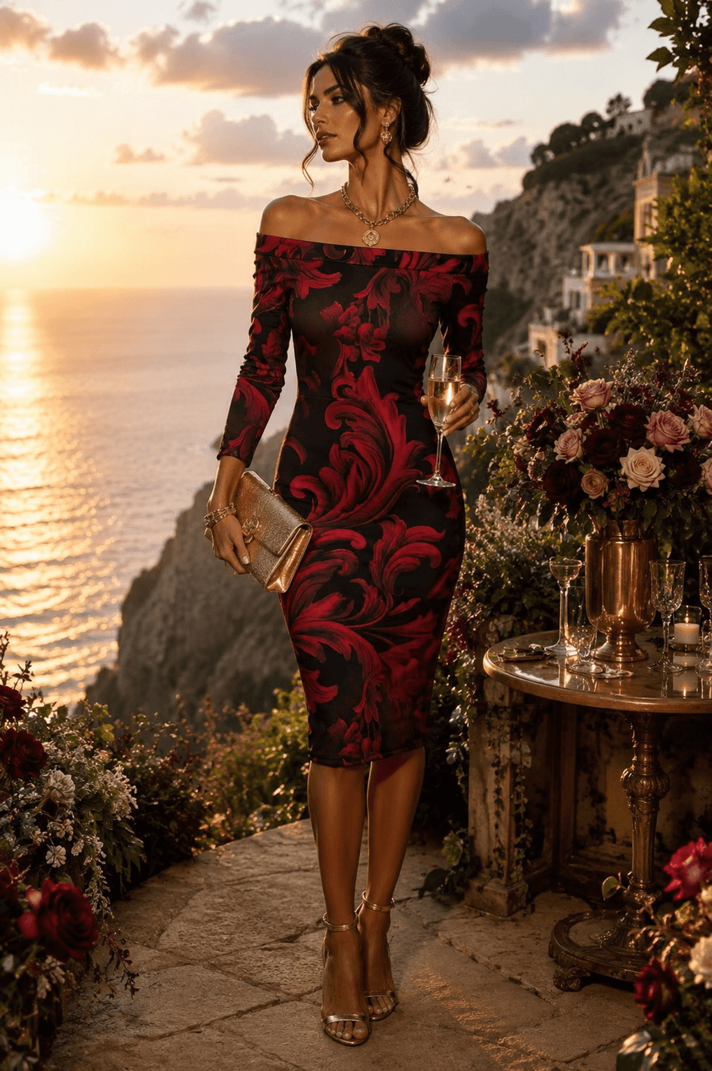 Burgundy Black Off Shoulder Bodycon Dress Elegant Evening Outfit with Floral Pattern