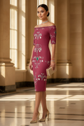 Off Shoulder Bodycon Midi Dress Elegant Evening Outfit Floral Pattern