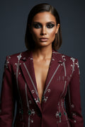 Women's blazer clothing elegant burgundy outfit with intricate silver embroidery for evening