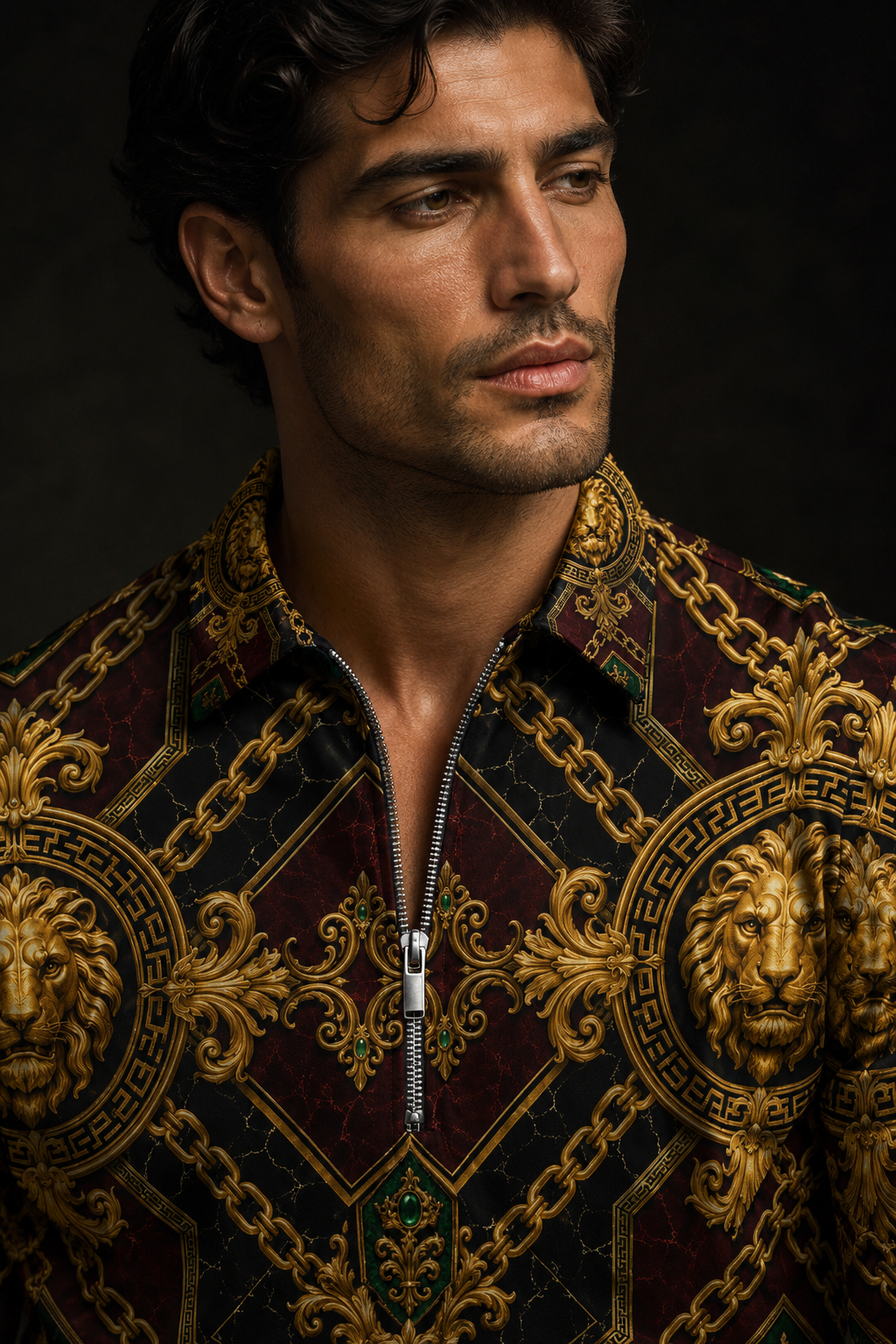Burgundy Gold Baroque half zip pullover sweatshirt elegant evening outfit detailed lion design