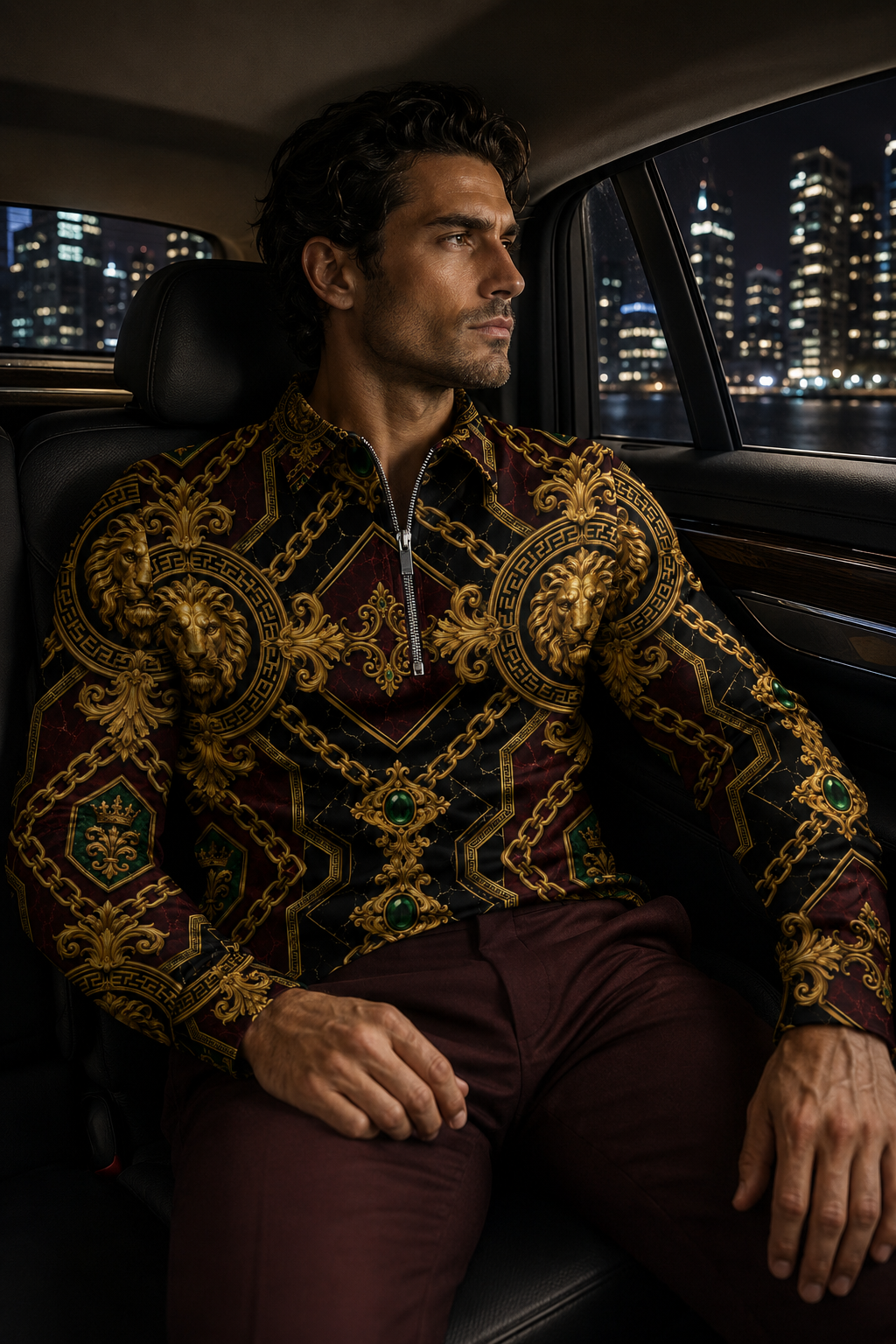 Burgundy Gold Baroque Half Zip Pullover Sweatshirt Elegant Evening Outfit for Men
