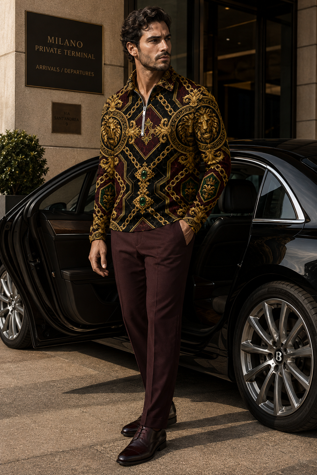 Burgundy Gold Baroque half zip pullover sweatshirt elegant evening outfit men