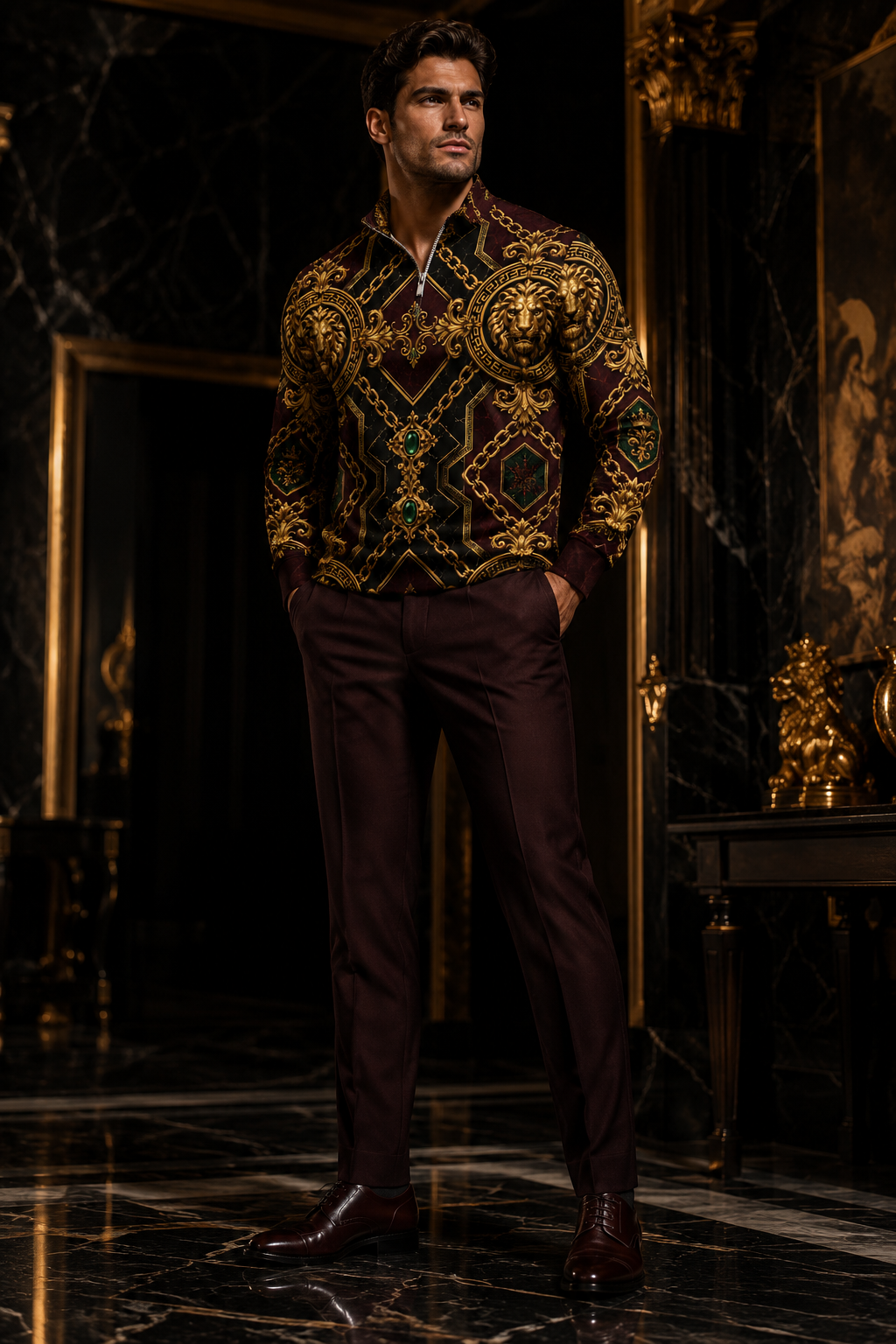 Burgundy Gold Baroque half zip pullover sweatshirt outfit for elegant evening wear