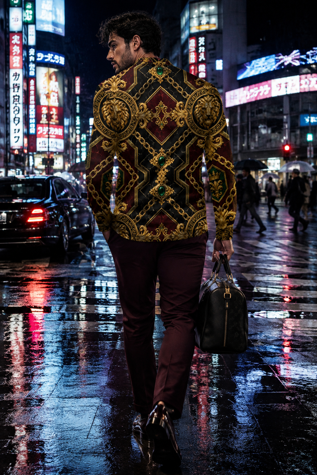 Burgundy Gold Baroque half zip pullover sweatshirt elegant evening outfit street style