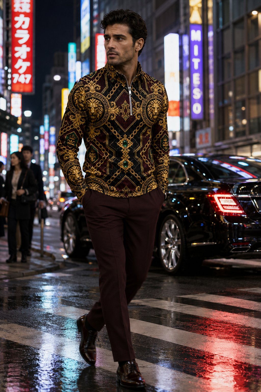 Burgundy Gold Baroque half zip pullover sweatshirt elegant evening outfit with stylish pants