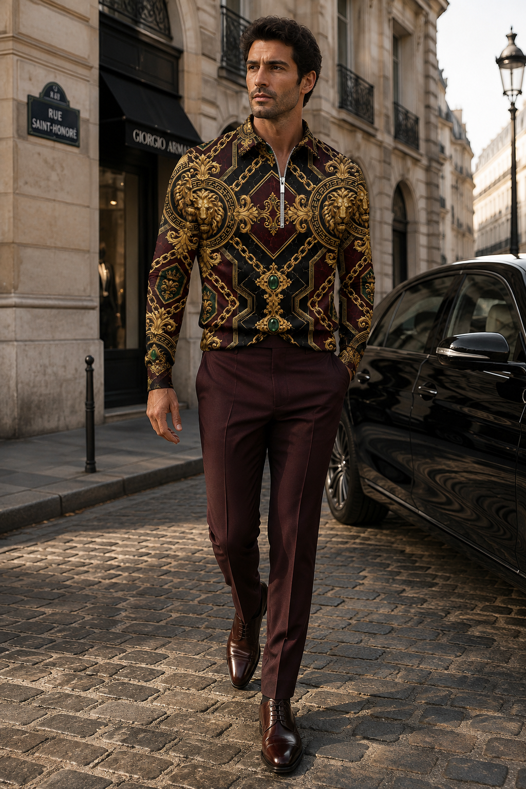 Burgundy Gold Baroque half zip pullover sweatshirt stylish outfit elegant evening look