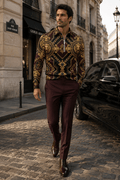 Burgundy Gold Baroque half zip pullover sweatshirt stylish outfit elegant evening look
