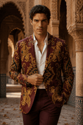 Burgundy Gold Ornamental Cotton jacket blazer mens elegant evening outfit stylish fit