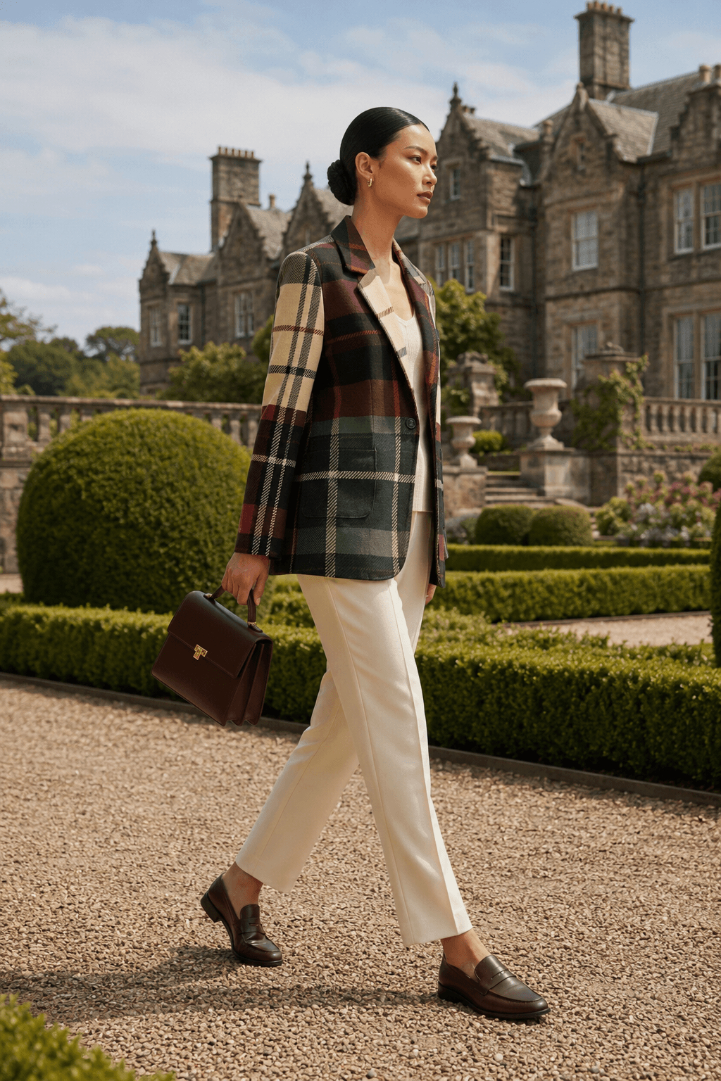 Burgundy Green Plaid Cotton Blazer For Women Elegant Outfit For Evening Wear
