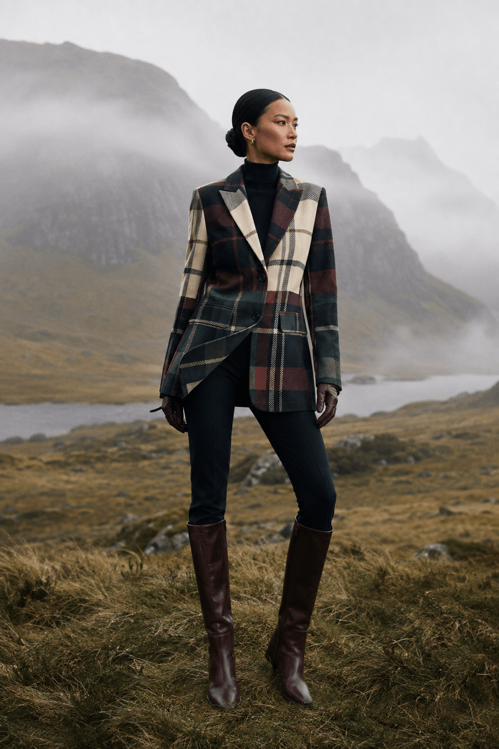 Burgundy Green Plaid Cotton Blazer For Women Elegant Evening Outfit Fashion