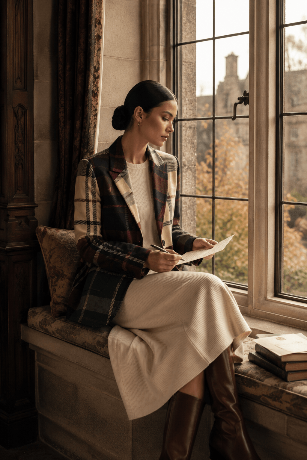 Burgundy green plaid cotton blazer for women elegant evening outfit with boots