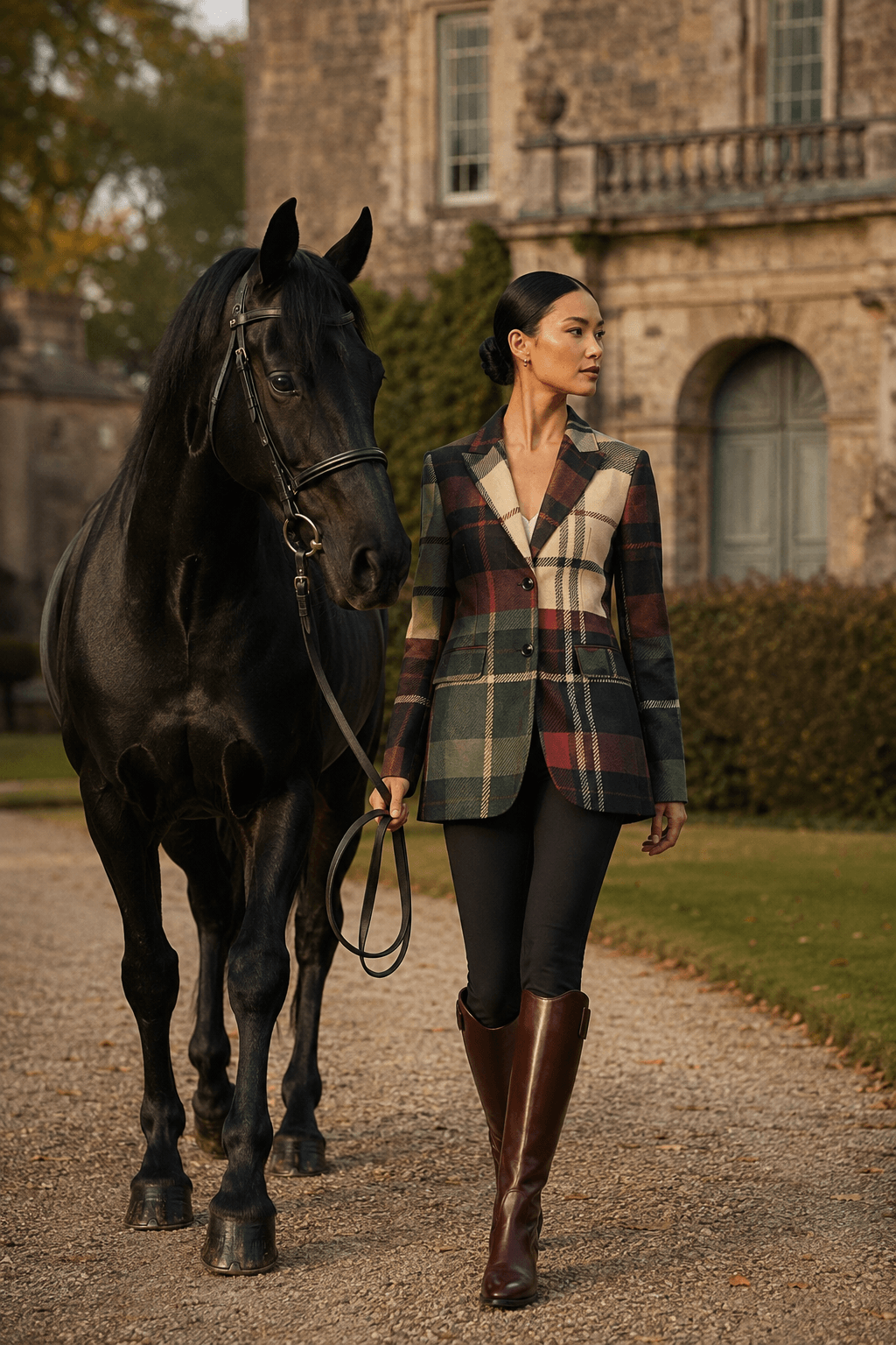 Burgundy green plaid cotton blazer for women styled with boots and pants for an elegant evening outfit