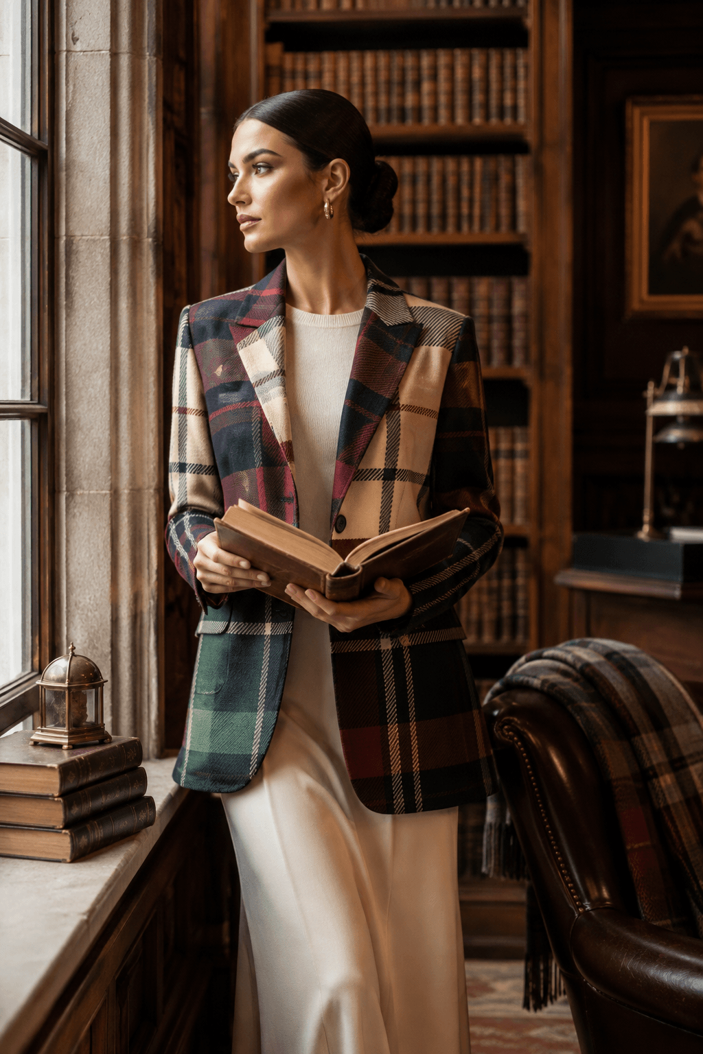Burgundy green plaid cotton blazer for women in elegant outfit with book for evening look