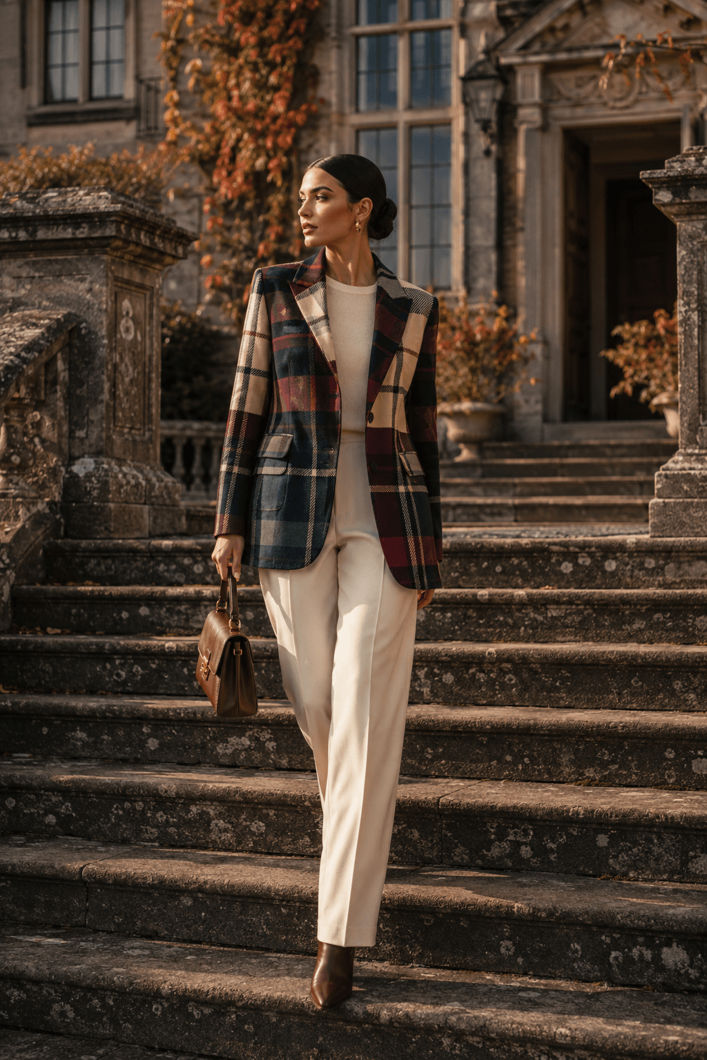 Burgundy green plaid cotton blazer for women elegant evening outfit with tailored fit