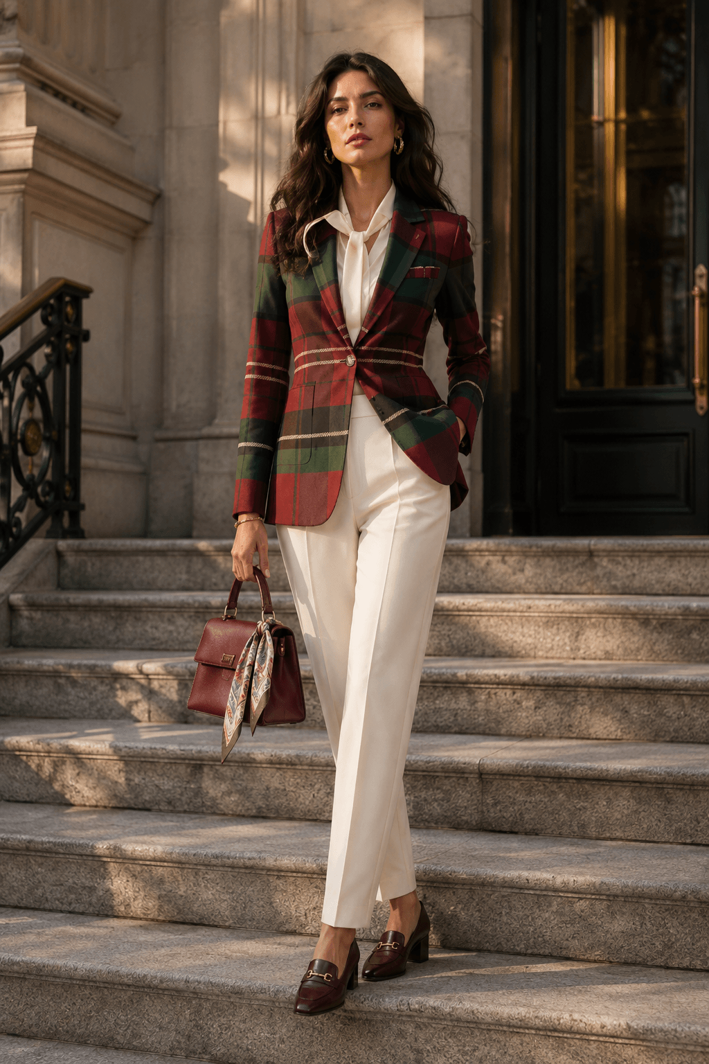 Tailored burgundy and green tartan blazer for women, styled for the trendsetter fashion 2026 movement with a dark academia twist.