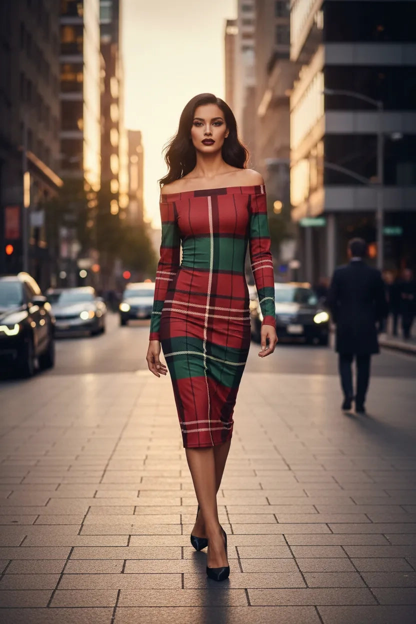 Woman wearing a burgundy green tartan off-shoulder dress walking confidently in an urban street at sunset