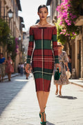 Burgundy green tartan off-shoulder dress by Angelic Blessings Shop modeled on city street