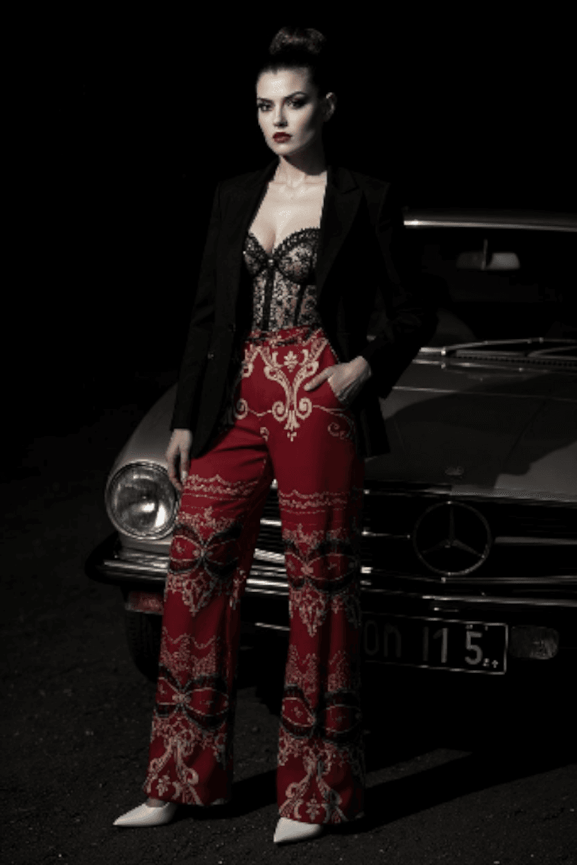 Model wearing burgundy high waist wide leg pants with intricate gold patterns and a black blazer