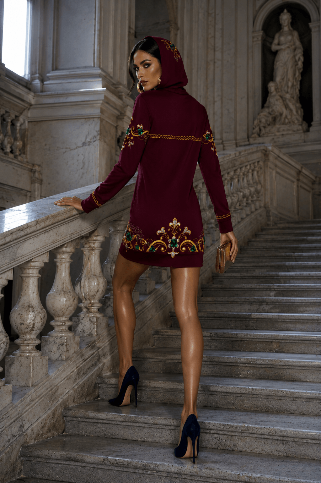 Burgundy Hoodie velvet dress elegant evening outfit with intricate embroidered details