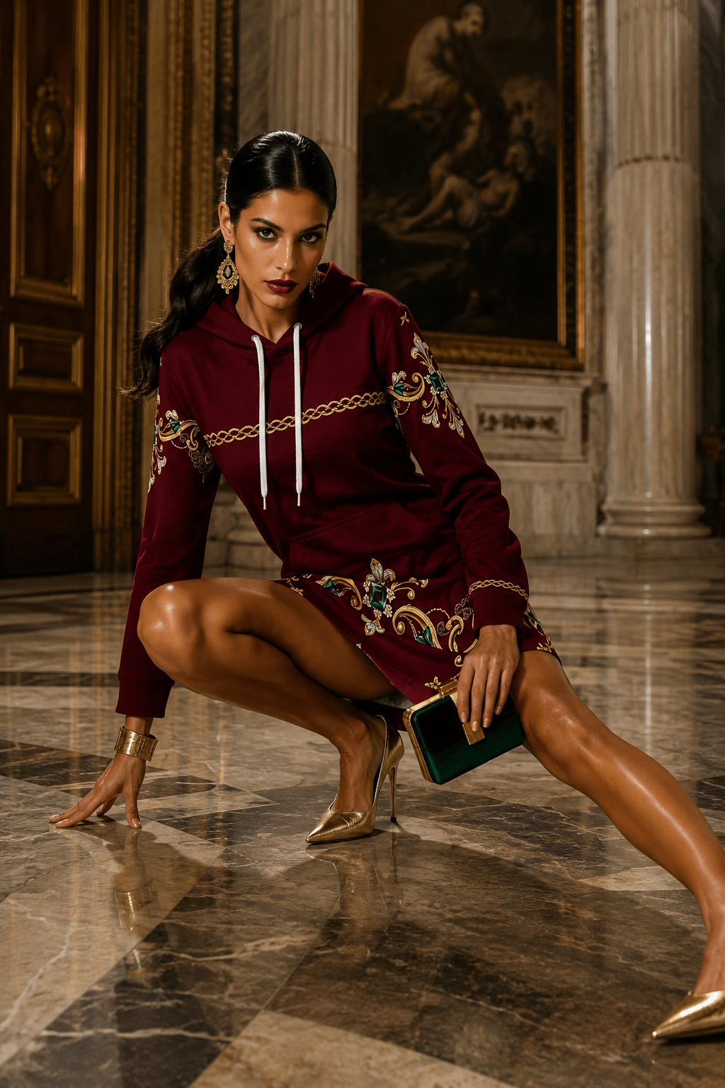 Burgundy Hoodie velvet dress elegant evening outfit with gold embroidery and stylish details