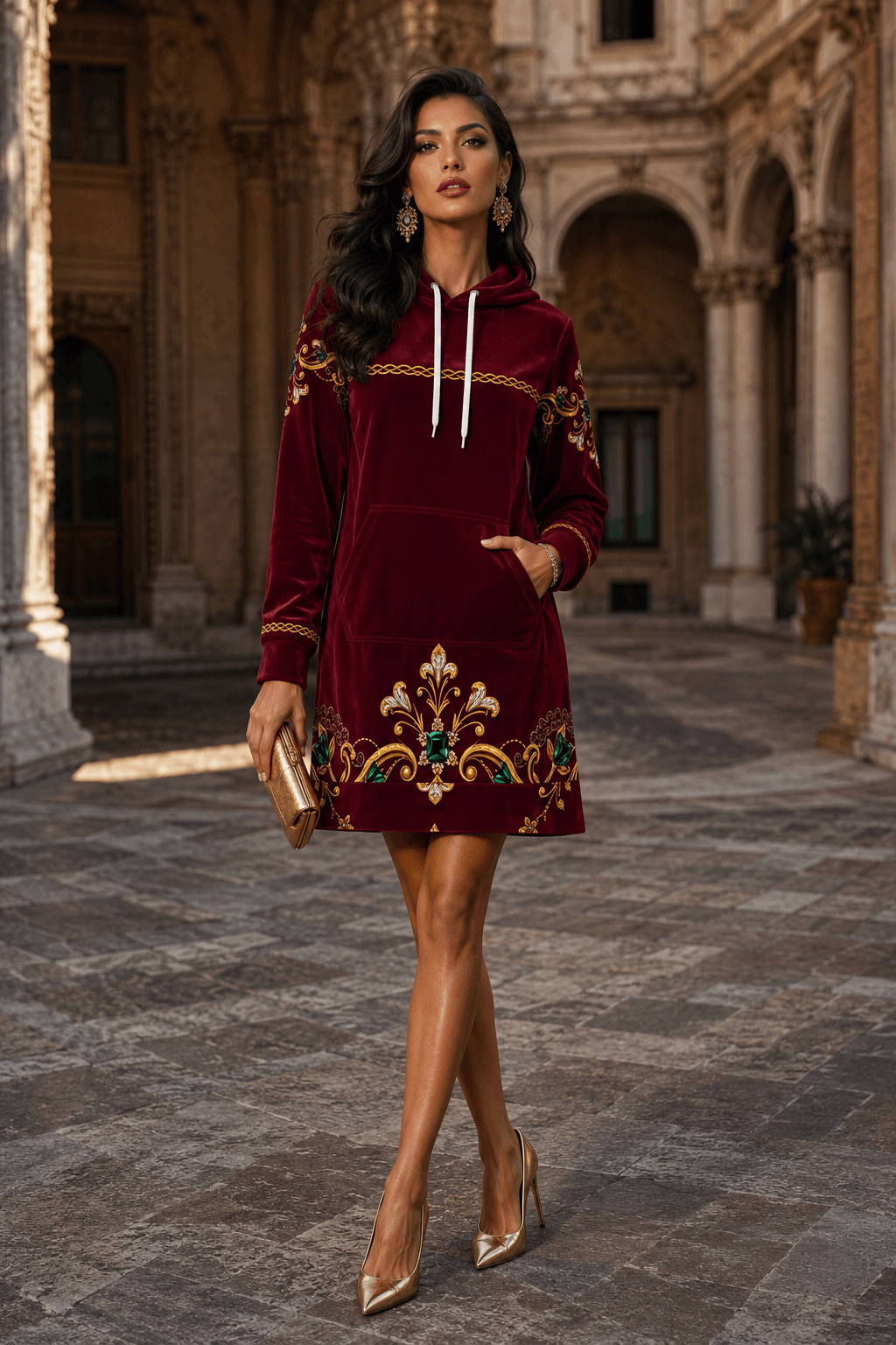 Burgundy Hoodie velvet dress Elegant Evening Outfit with Gold Embroidery