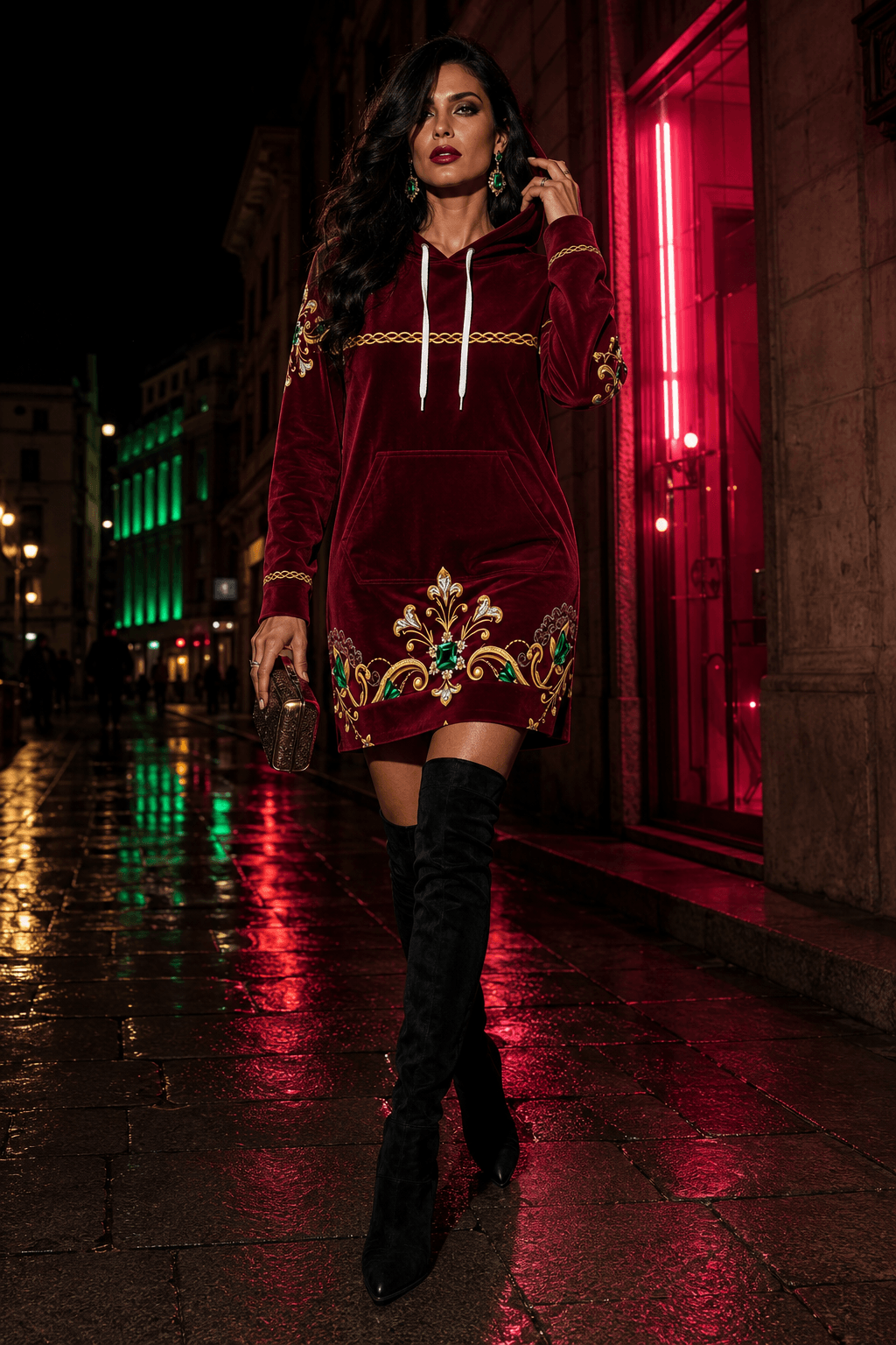 Burgundy Hoodie velvet dress outfit with embroidery for elegant evening wear