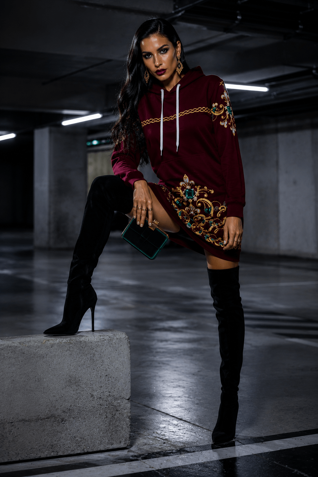 Burgundy Hoodie velvet dress Elegant Evening Outfit with Embroidered Design and High Black Boots