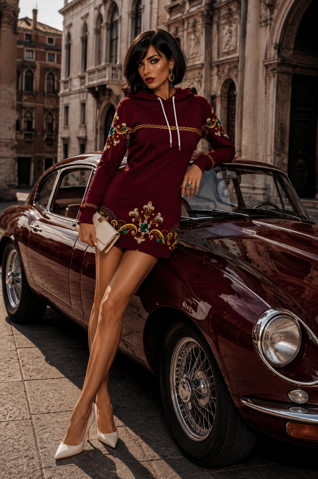 Burgundy Hoodie velvet dress elegant evening outfit with floral embroidery and hood