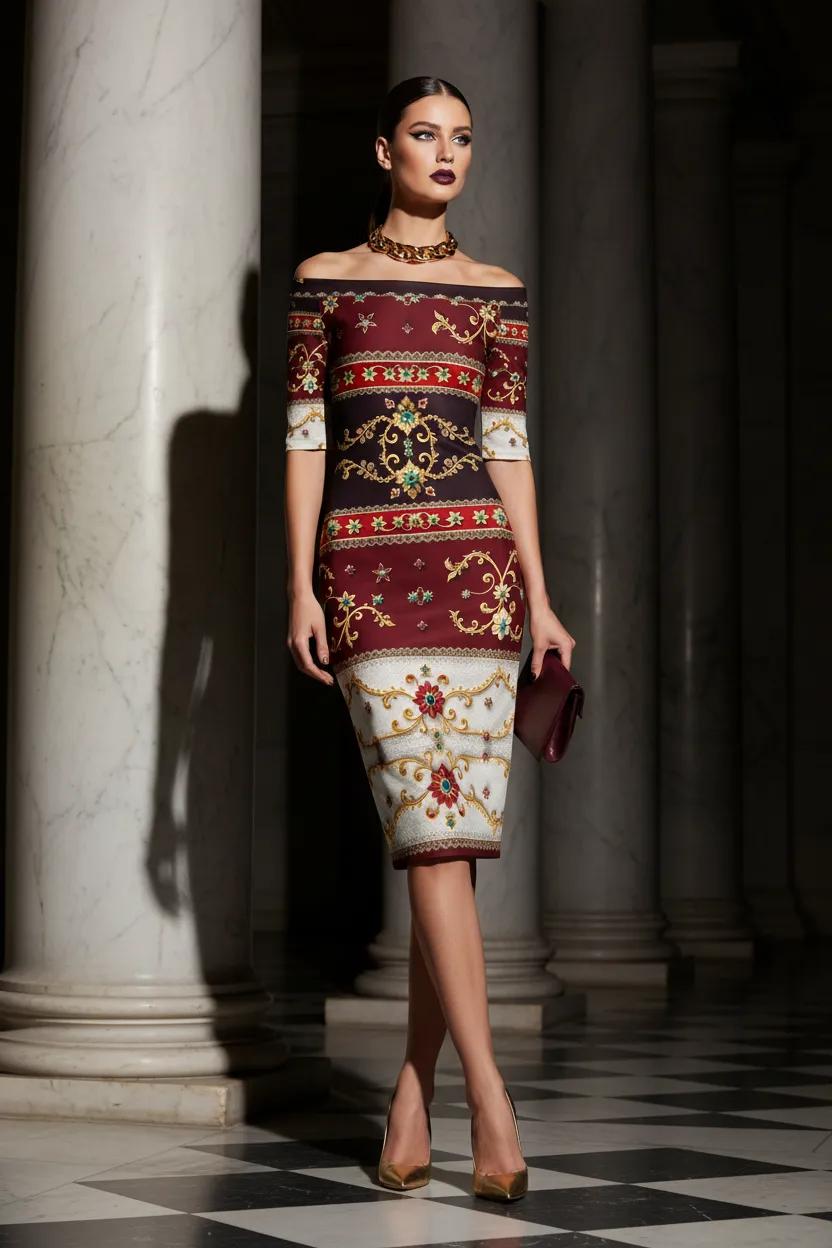 Bodycon dress elegant evening outfit with ornate patterns and off shoulder design