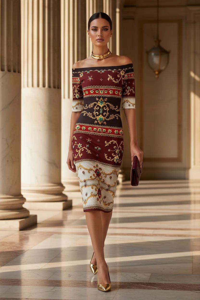 Bodycon Dress Elegant Evening Outfit With Off Shoulder And Ornate Pattern