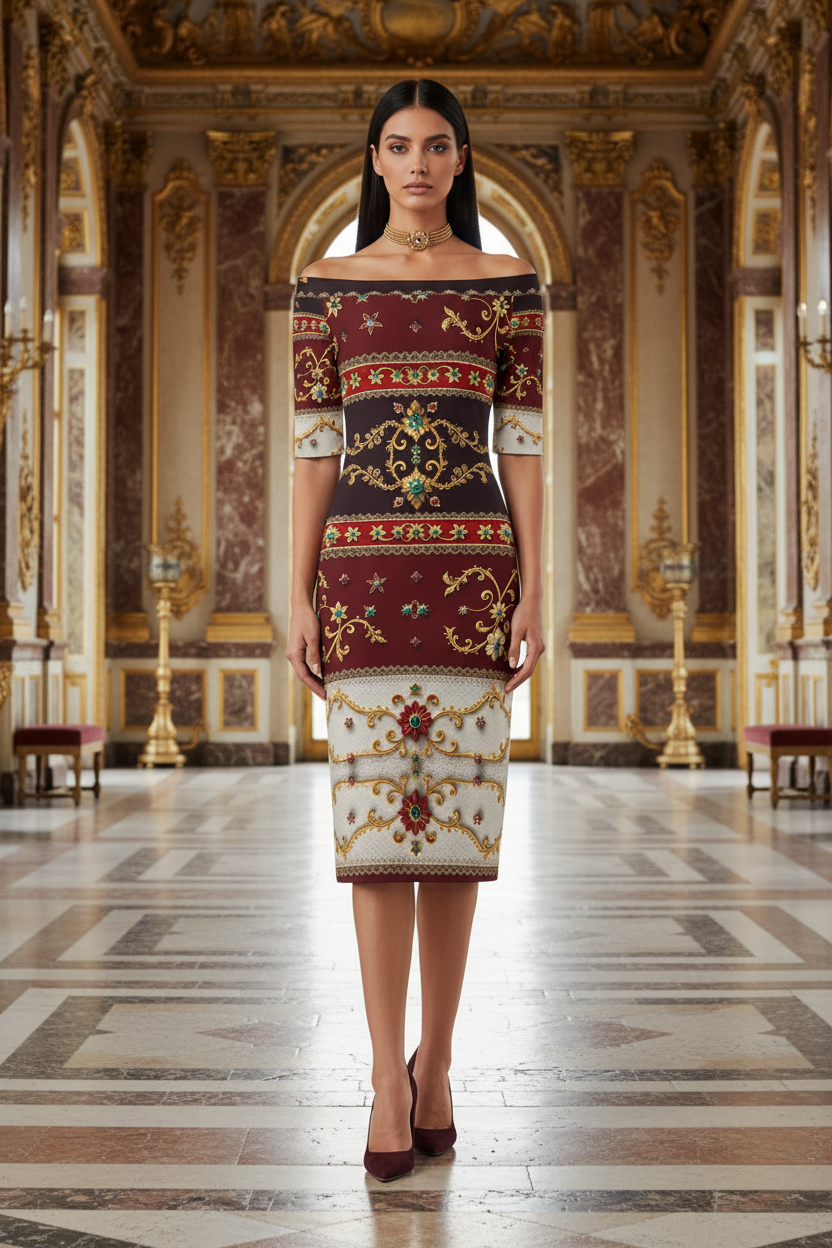 Bodycon Dress Elegant Evening Outfit With Ornate Pattern and Off Shoulder Design
