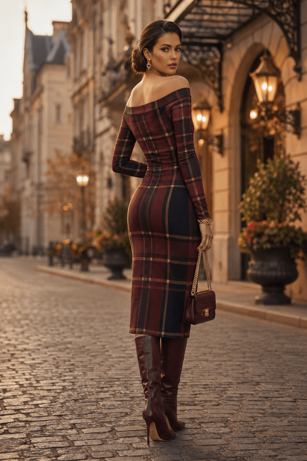 Burgundy Off Shoulder bodycon dress elegant evening outfit with plaid pattern and boots