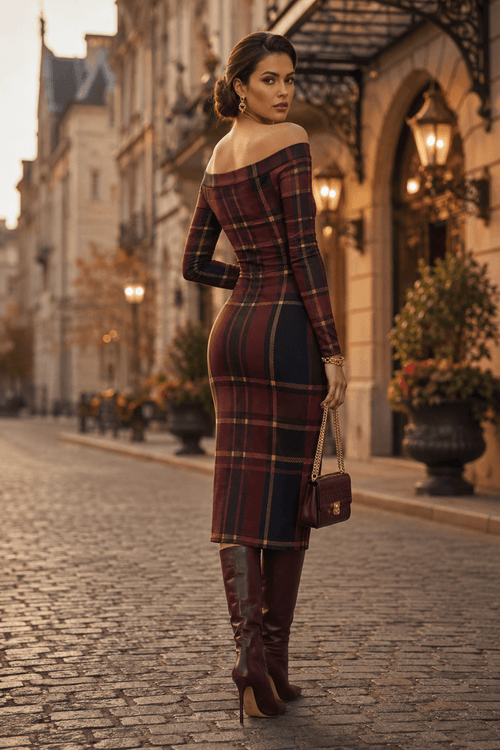 Burgundy Off Shoulder bodycon dress elegant evening outfit with plaid pattern and boots