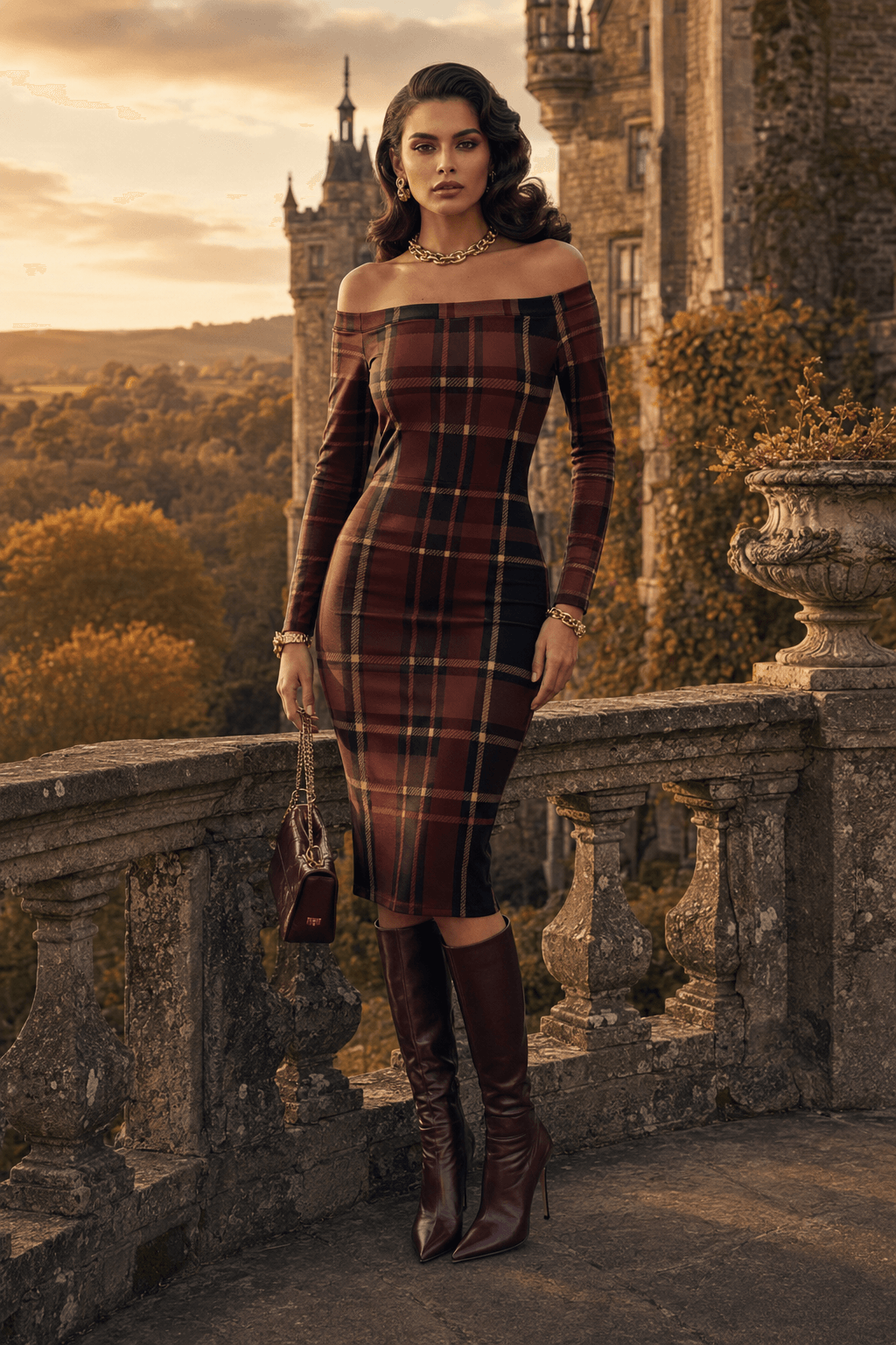 Burgundy Off Shoulder bodycon dress Elegant Evening Outfit with Long Sleeves and Plaid Pattern