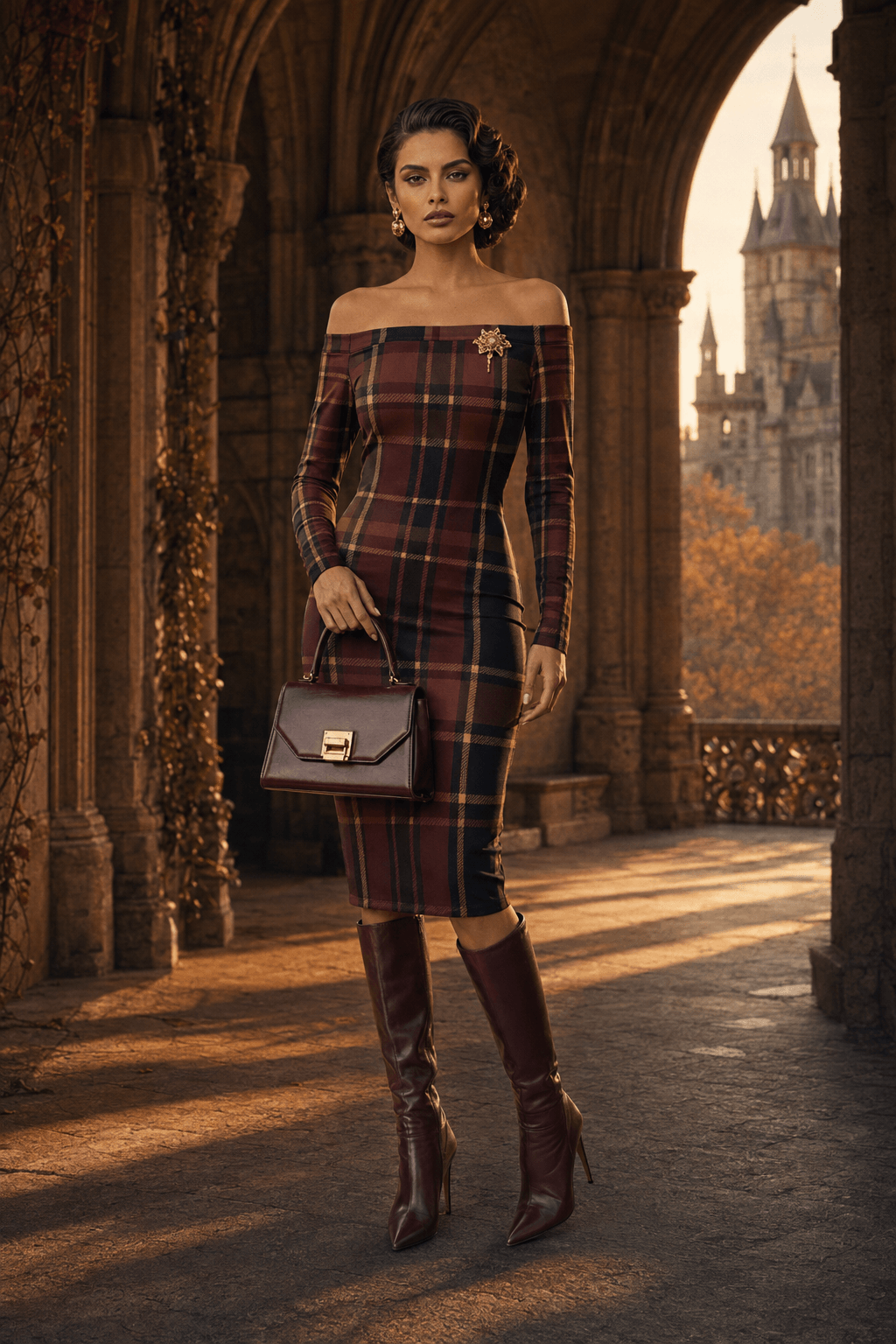 Burgundy Off Shoulder bodycon dress elegant evening outfit with long sleeves and boots