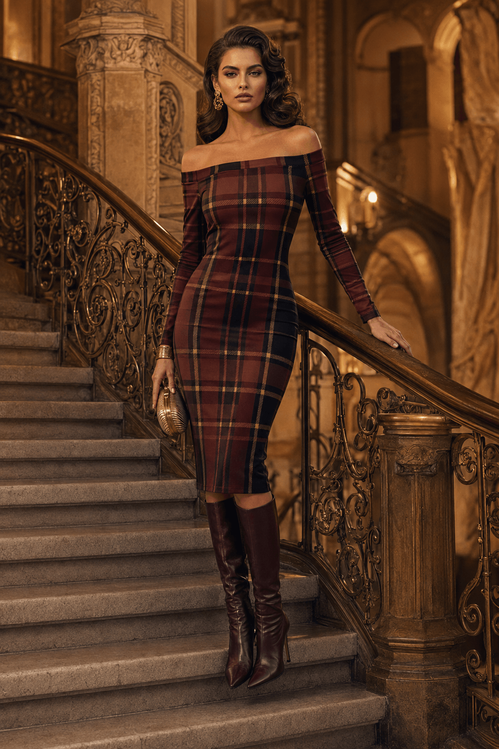 Burgundy Off Shoulder bodycon dress elegant evening outfit with boots