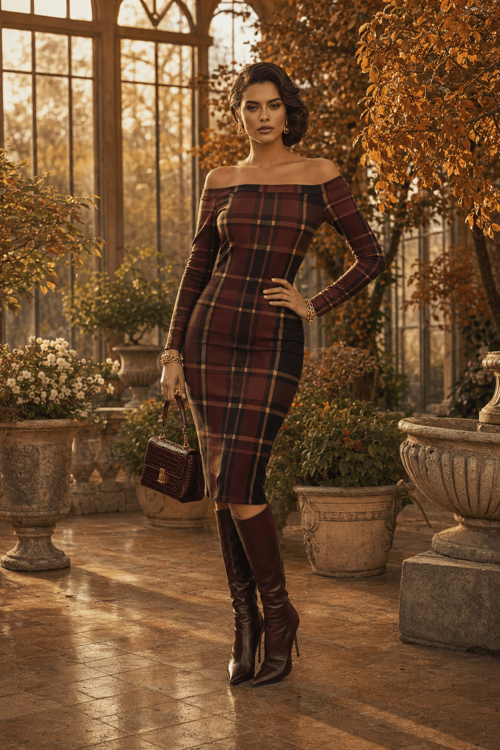 Burgundy Off Shoulder Bodycon Dress Elegant Evening Outfit with Boots