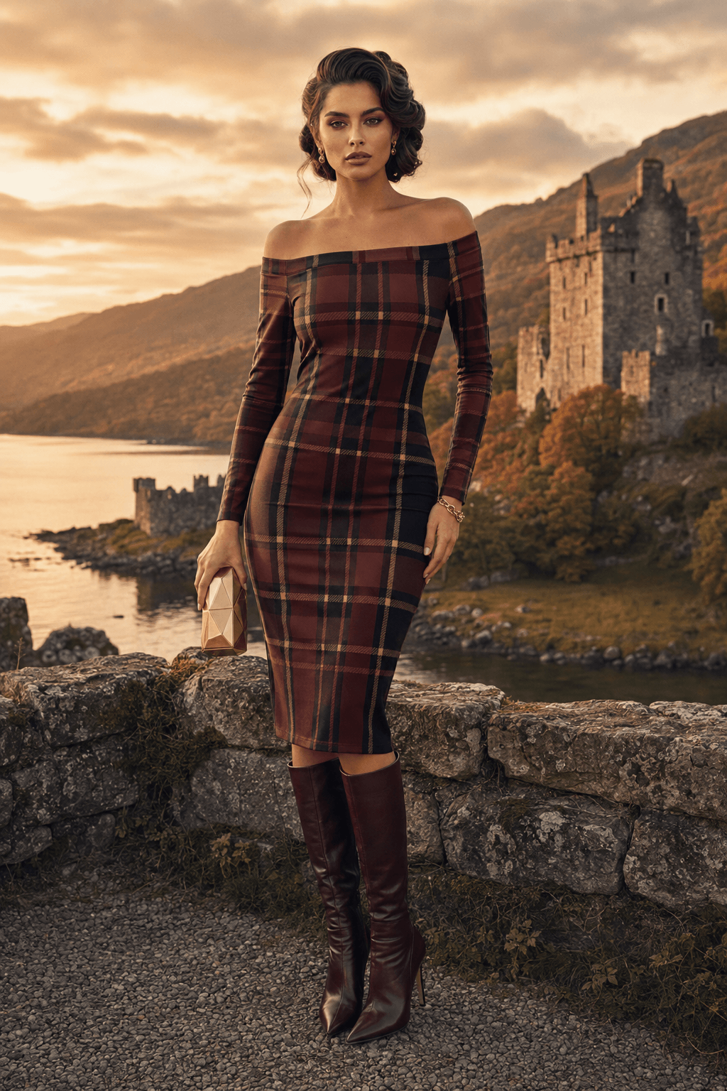 Burgundy Off Shoulder bodycon dress Elegant Plaid Evening Outfit with Knee High Boots