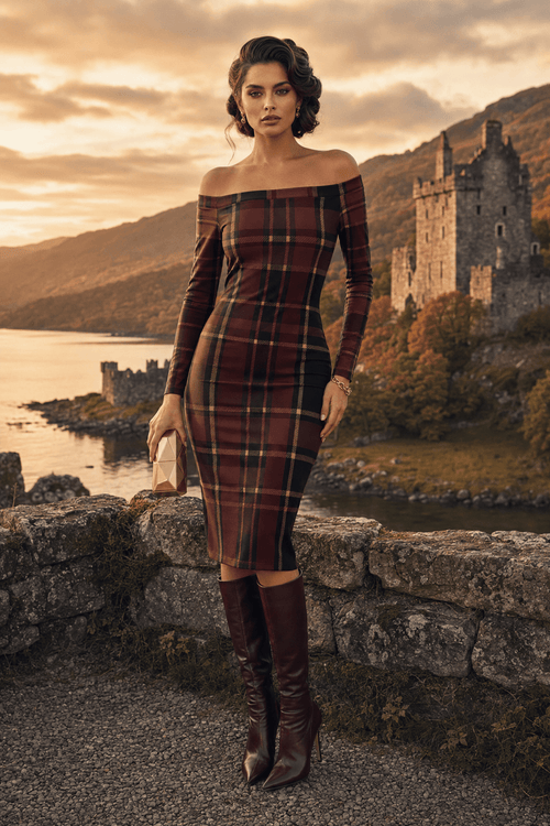 Burgundy Off Shoulder bodycon dress Elegant Plaid Evening Outfit with Knee High Boots