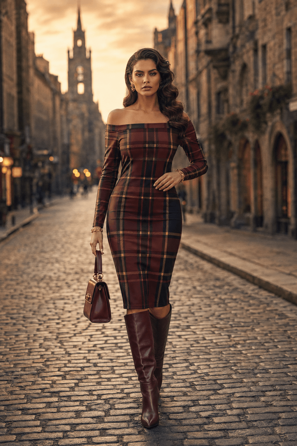 Burgundy Off Shoulder bodycon dress Elegant Evening Outfit with Boots and Handbag