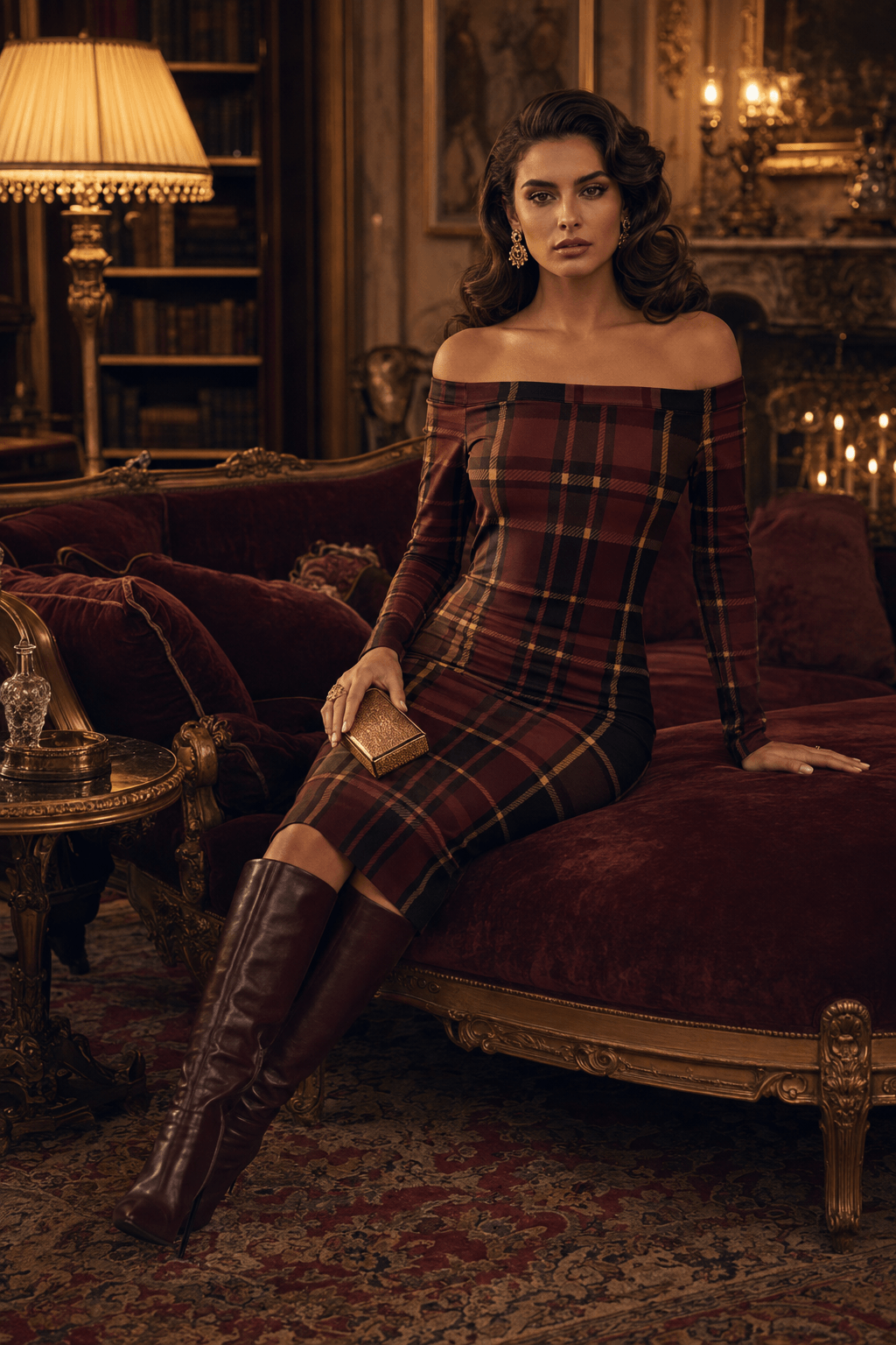Burgundy Off Shoulder bodycon dress Elegant Evening Outfit with Knee High Boots