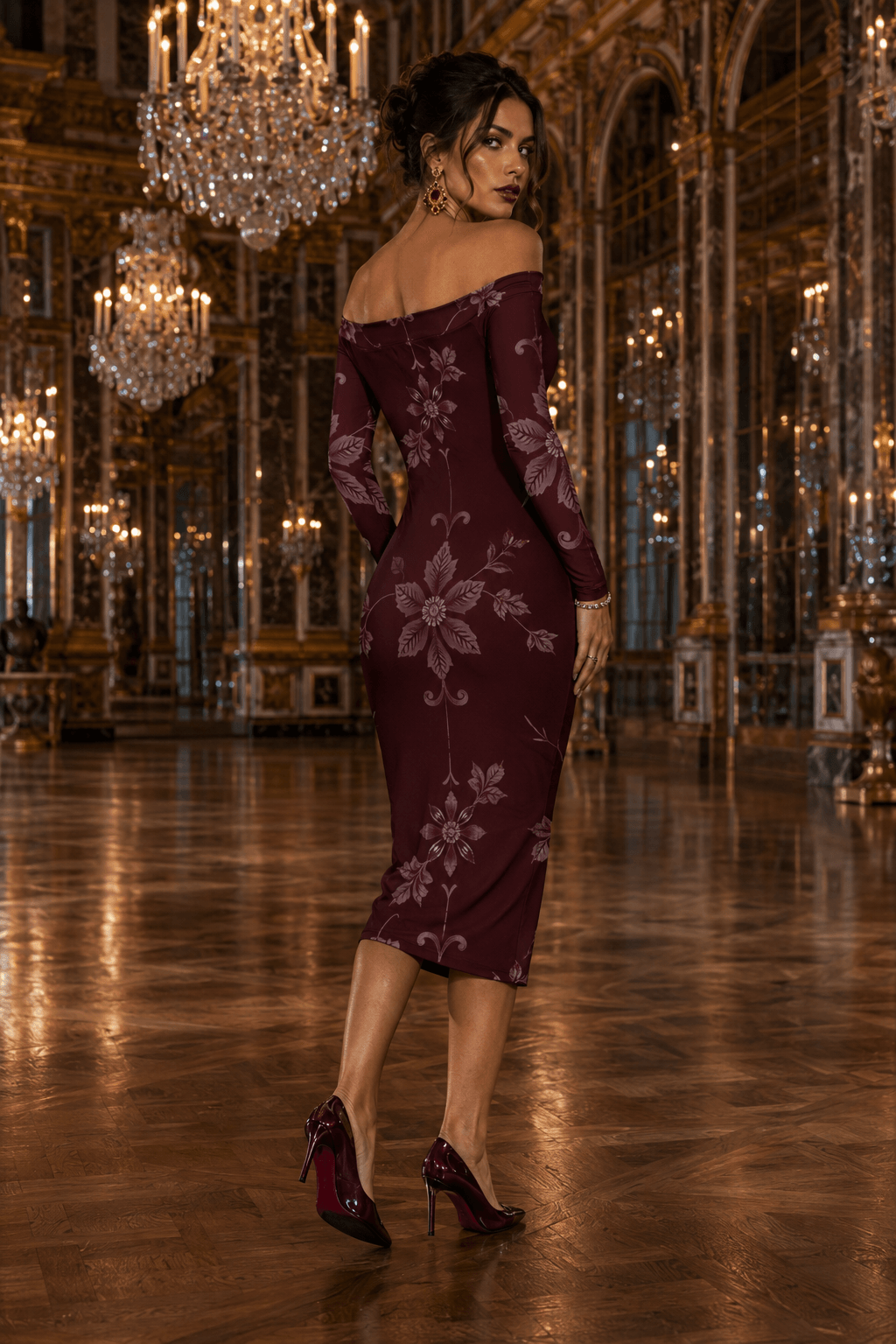 Burgundy Off The Shoulder midi bodycon dress Elegant Evening Outfit with Floral Pattern