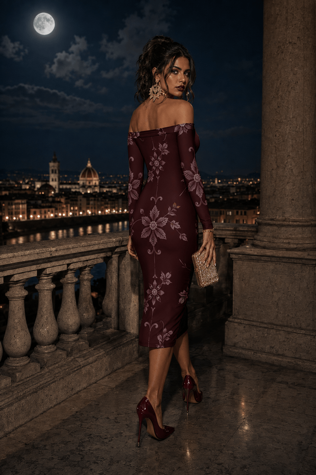 Burgundy Off The Shoulder midi bodycon dress Elegant Evening Outfit Stylish Look