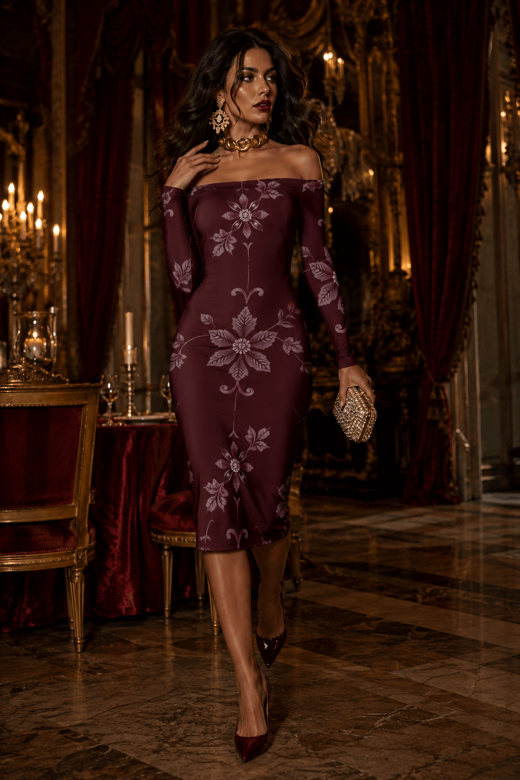 Burgundy Off The Shoulder Midi Bodycon Dress Elegant Evening Outfit with Floral Design