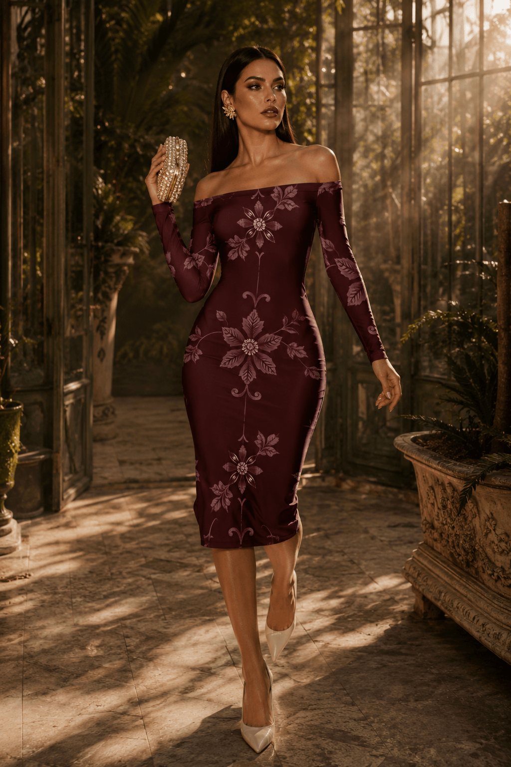 Burgundy Off The Shoulder midi bodycon dress elegant evening outfit with floral design