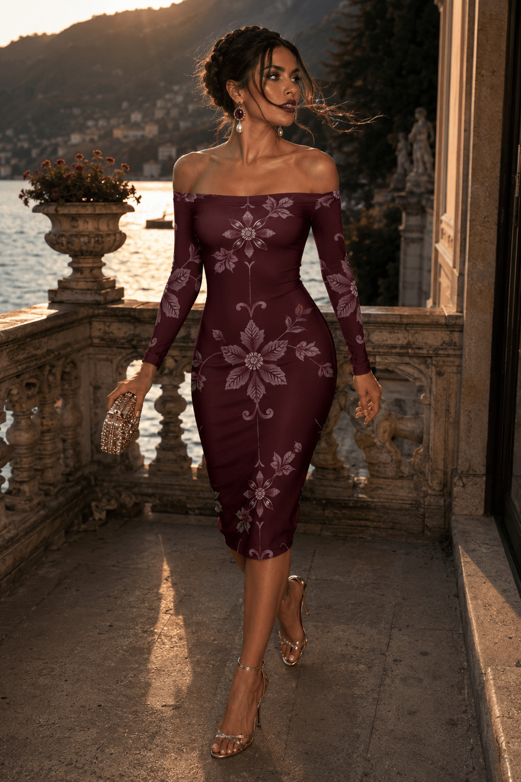 Burgundy Off The Shoulder Midi Bodycon Dress Elegant Evening Outfit Floral Design