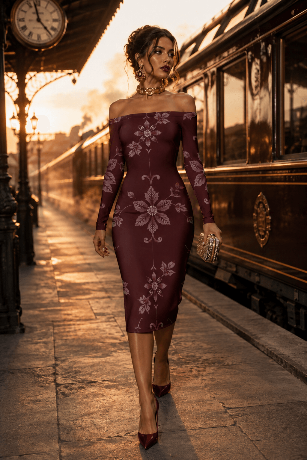Burgundy Off The Shoulder Midi Bodycon Dress Elegant Evening Outfit with Floral Pattern