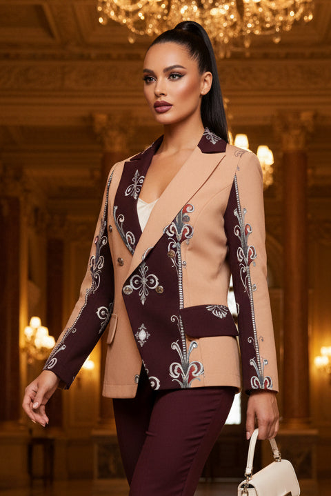 Burgundy Pale Rose Baroque Women's Blazer Clothing Elegant Evening Outfit Stylish Jacket
