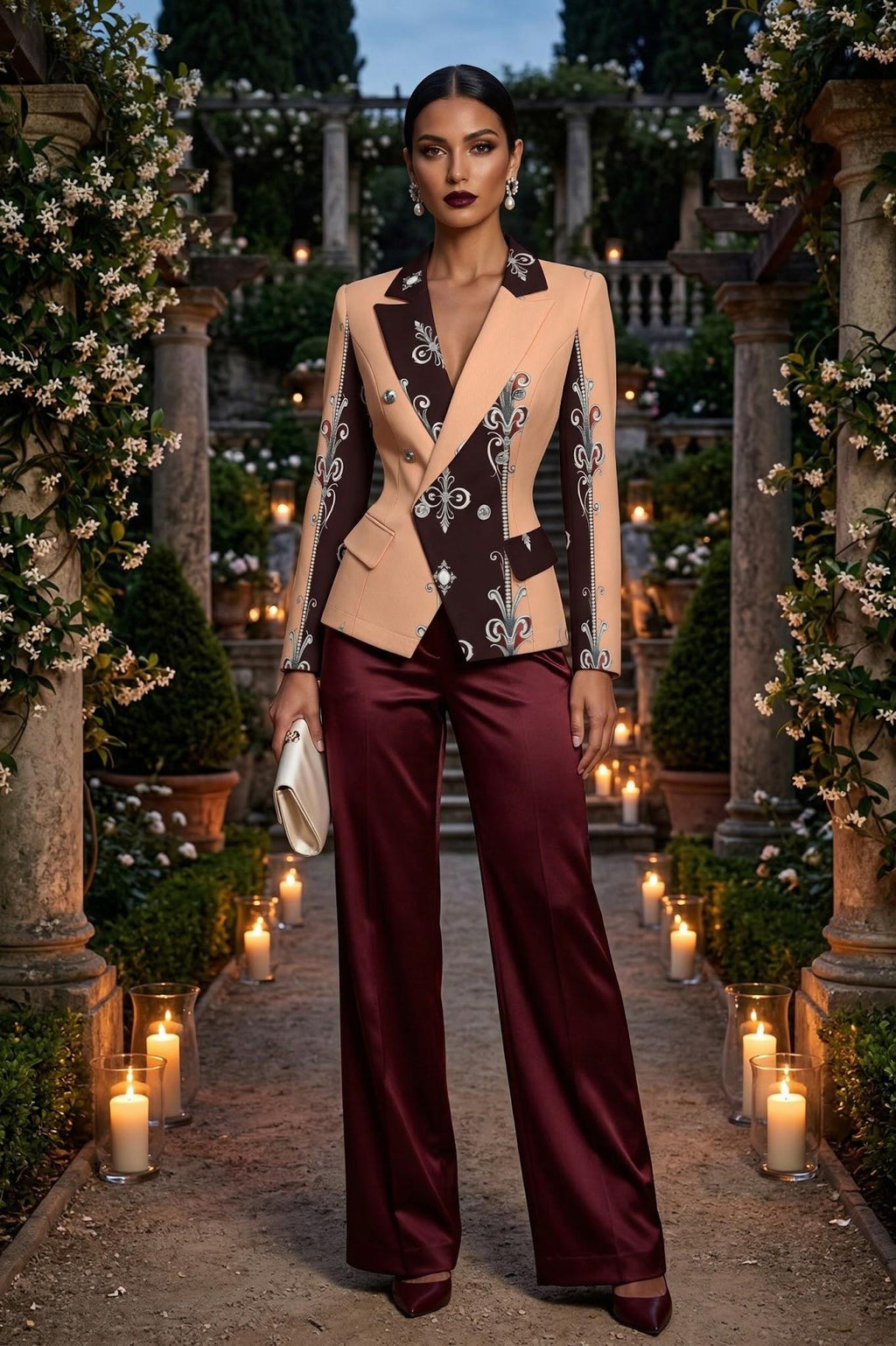 Burgundy Pale Rose Baroque Women's Blazer Clothing Elegant Evening Outfit Luxury Style
