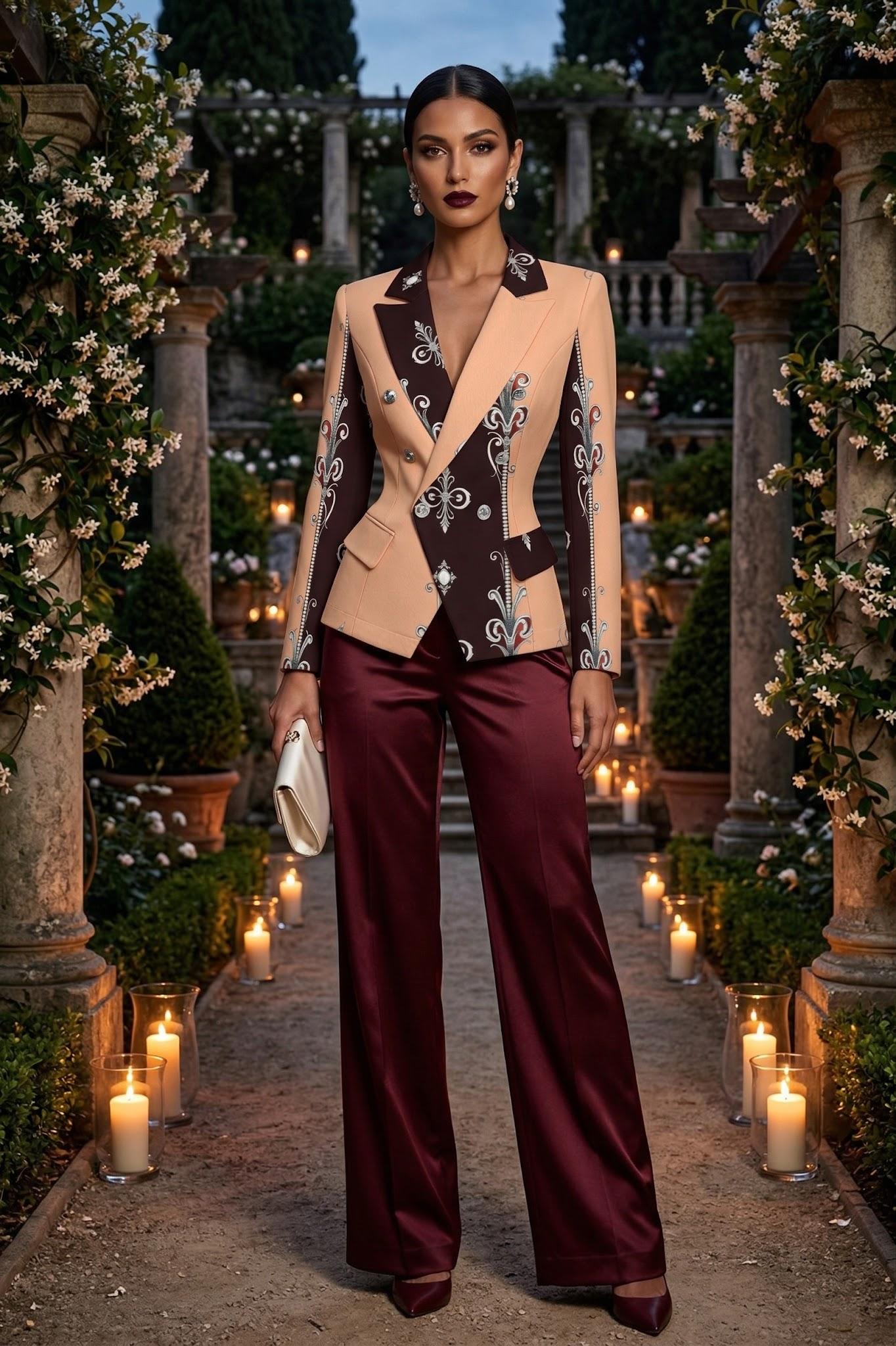 Burgundy Pale Rose Baroque Women's Blazer Clothing Elegant Evening Outfit Luxury Style